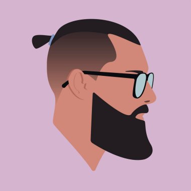 Siluet. Yüzü. Gözlüklü adam. Pembe arka planda üst düğümlü saçlı gözlüklü bir erkek. İnsan kafası silueti. Erkek Düz Renkli Çizim. 