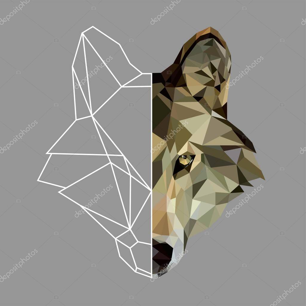 Polygonal wolf head. Wolf. Low poly animal. Geometric wolf. Linear Wolf. Half linear half polygonal animal.