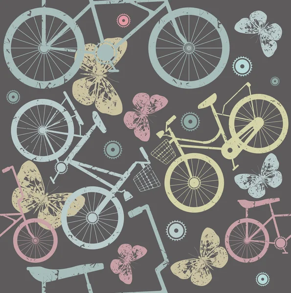 Pattern with retro bicycles and cute butterfly