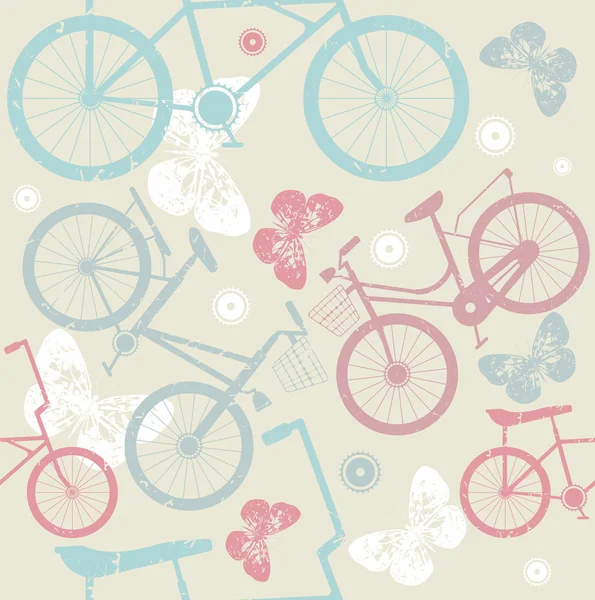 Nahtloses Muster mit Retro-Fahrrädern und niedlichen Schmetterlingen — Stockvektor