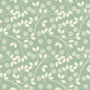 Endless pattern with ivory flowers and leaves on light green fre