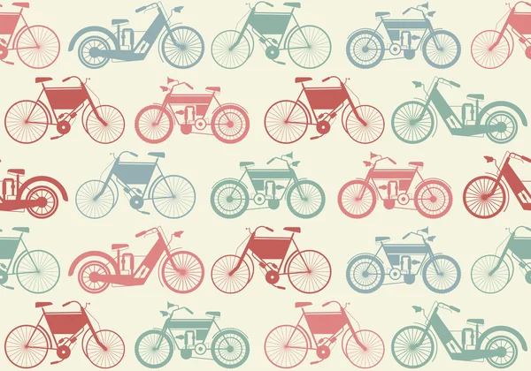 カラフルなレトロな自転車とかわいいのシームレス パターン — ストックベクタ