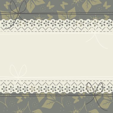 Horizontal lace frame with spring leaves, flowers and butterflie