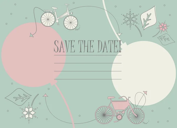 Αποθηκεύστε την κάρτα ημερομηνίας με χαριτωμένα ποδήλατα, μπαλόνια και λουλούδια — Διανυσματικό Αρχείο