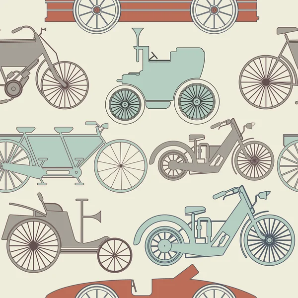 Elegante patrón sin costuras con coches antiguos y bicicletas — Vector de stock