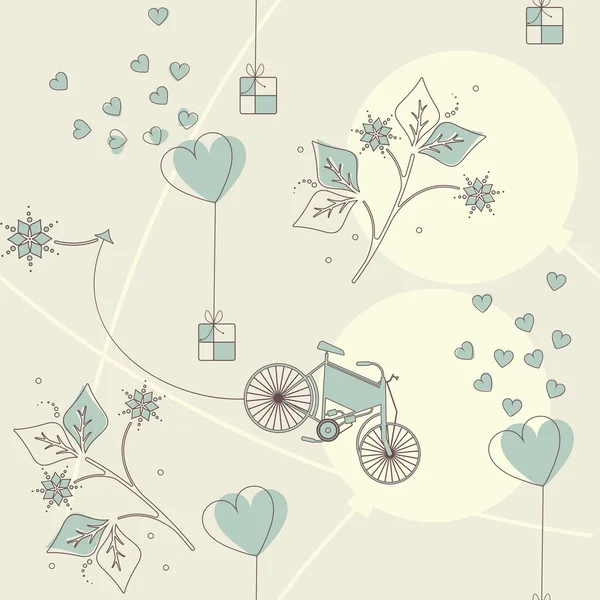 Frühling endlose Muster mit Geschenken, Luftballons, Fahrrad und Blumen — Stockvektor