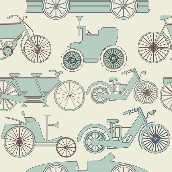 Endlose Muster mit alten Autos und Fahrrädern — Stockvektor