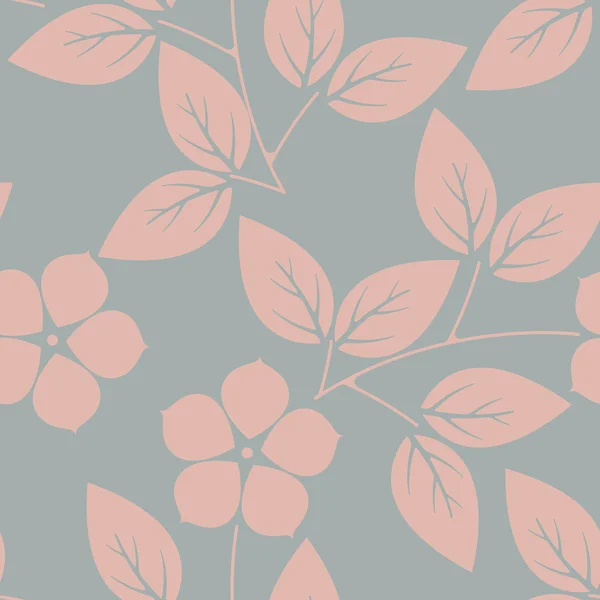 Stylisches Endlosmuster mit rosa Blüten und Blättern auf grauem Bac — Stockvektor