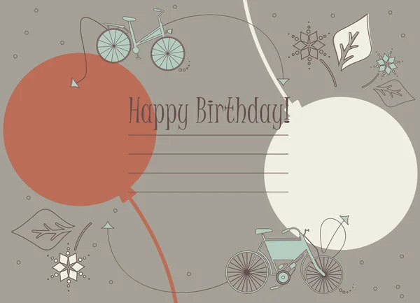 Biglietto di auguri di compleanno con simpatiche biciclette, palloncini e fiori — Vettoriale Stock