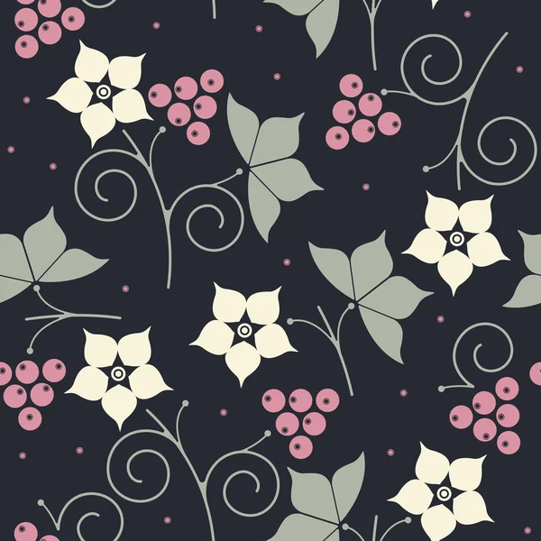 Nahtloses Muster mit Brombeeren, Blättern und Blüten — Stockvektor