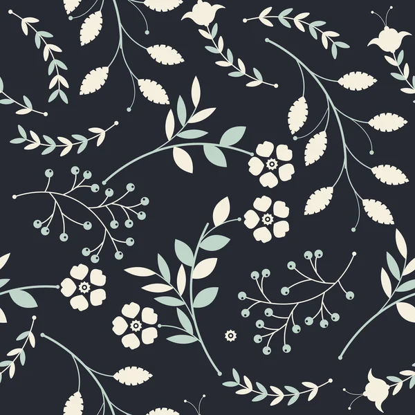 Oändliga mönster med söta blommor, blad och bär på blå ba — Stock vektor
