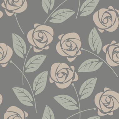 Gül ve yaprakları gri arka plan üzerinde şirin seamless modeli