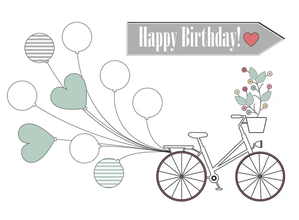 Biglietto di auguri con bicicletta, palloncini e fiori isolati su whi — Vettoriale Stock