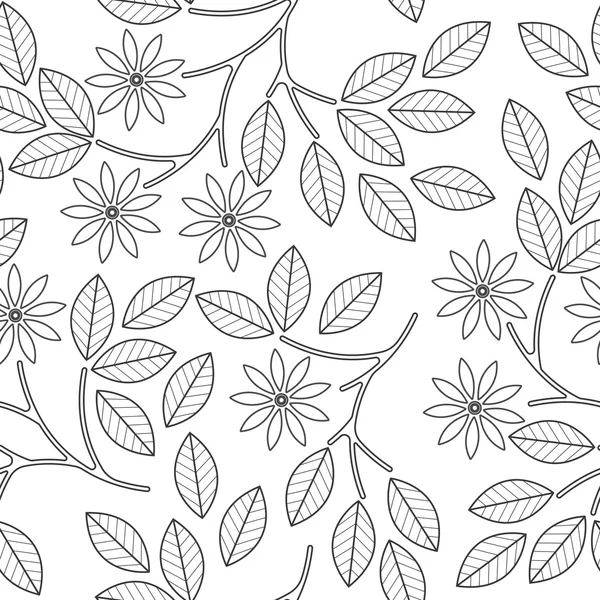 Modello senza cuciture con foglie decorative, fiori e linee isola — Vettoriale Stock