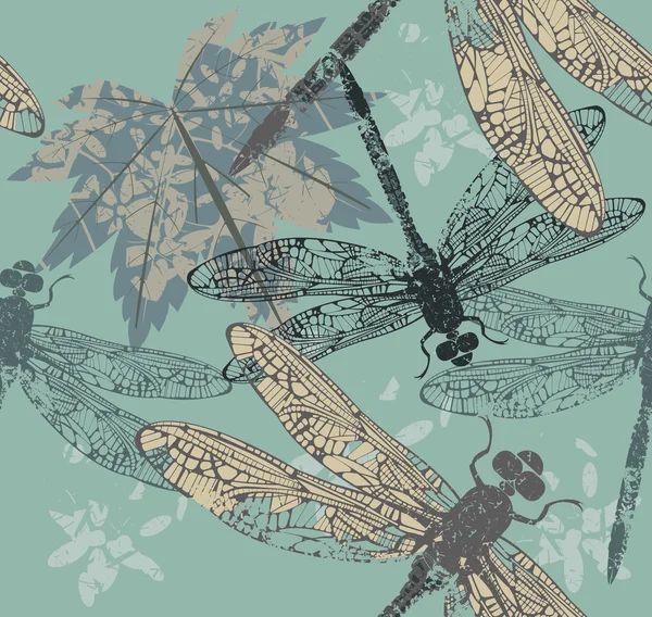 Güzel seamless modeli ile akçaağaç yaprağı ve yusufçuk — Stok Vektör
