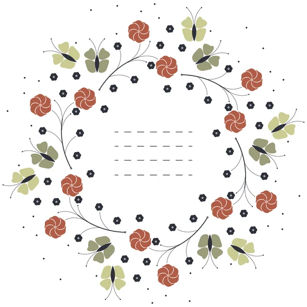 Κομψό κύκλο πλαίσιο με κόκκινα λουλούδια και πεταλούδες πράσινες απομονώνεται — Διανυσματικό Αρχείο