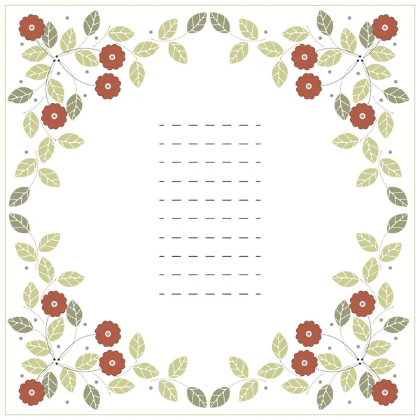 Square frame with red flowers and green leaves isolated on white — Stock Vector