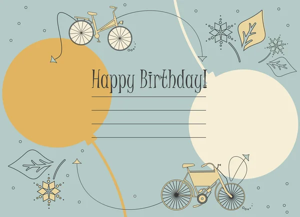 Niedliche Geburtstagskarte mit Fahrrädern, Blumen und Schleifen — Stockvektor