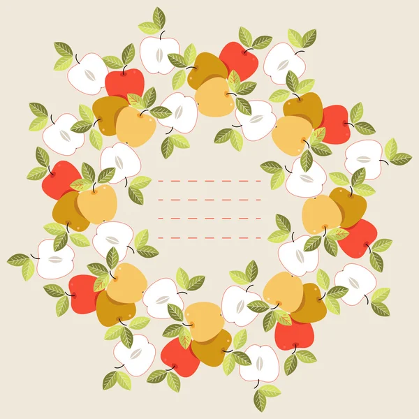 Cadre rond mignon avec des feuilles colorées et des pommes — Image vectorielle
