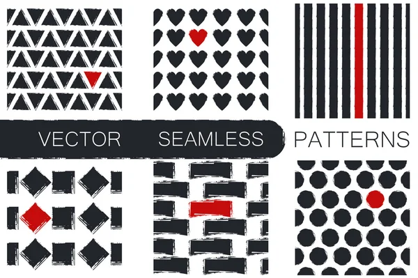 Set with six seamless patterns with triangles, strokes, rhombus, — Stock Vector