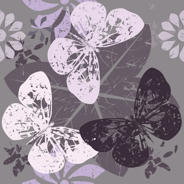 Seamless Pattern with Butterfly silhouettes on blossom flowers — Stock Vector