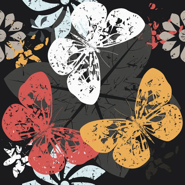 Modèle contrasté avec silhouettes papillon sur les fleurs en fleurs — Image vectorielle