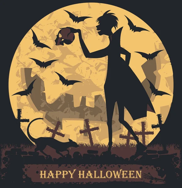 Herfst Halloween illustratie met vampier, kat en vliegende vleermuizen — Stockvector