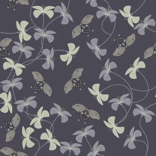 Lila Muster mit Blumen und niedlichen Schmetterlingen Silhouette. — Stockvektor