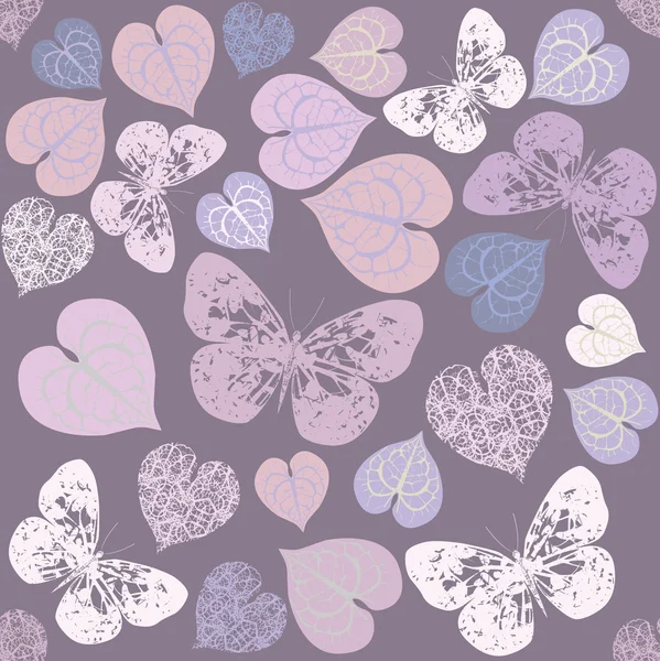 Seamless pattern with leaves and butterfly silhouettes — Stock Vector