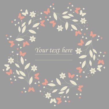 Elegant floral circle frame with butterflies and hearts