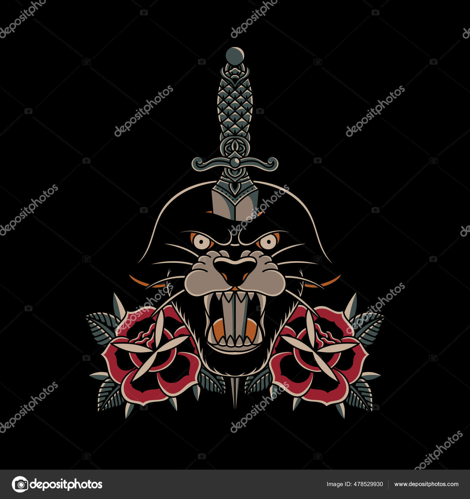 Ilustração Punhal Leão Cabeça Com Rosas Tradicional Tatuagem Estilo  Ilustração de ©mejiku #478529930, image size:1600x1700