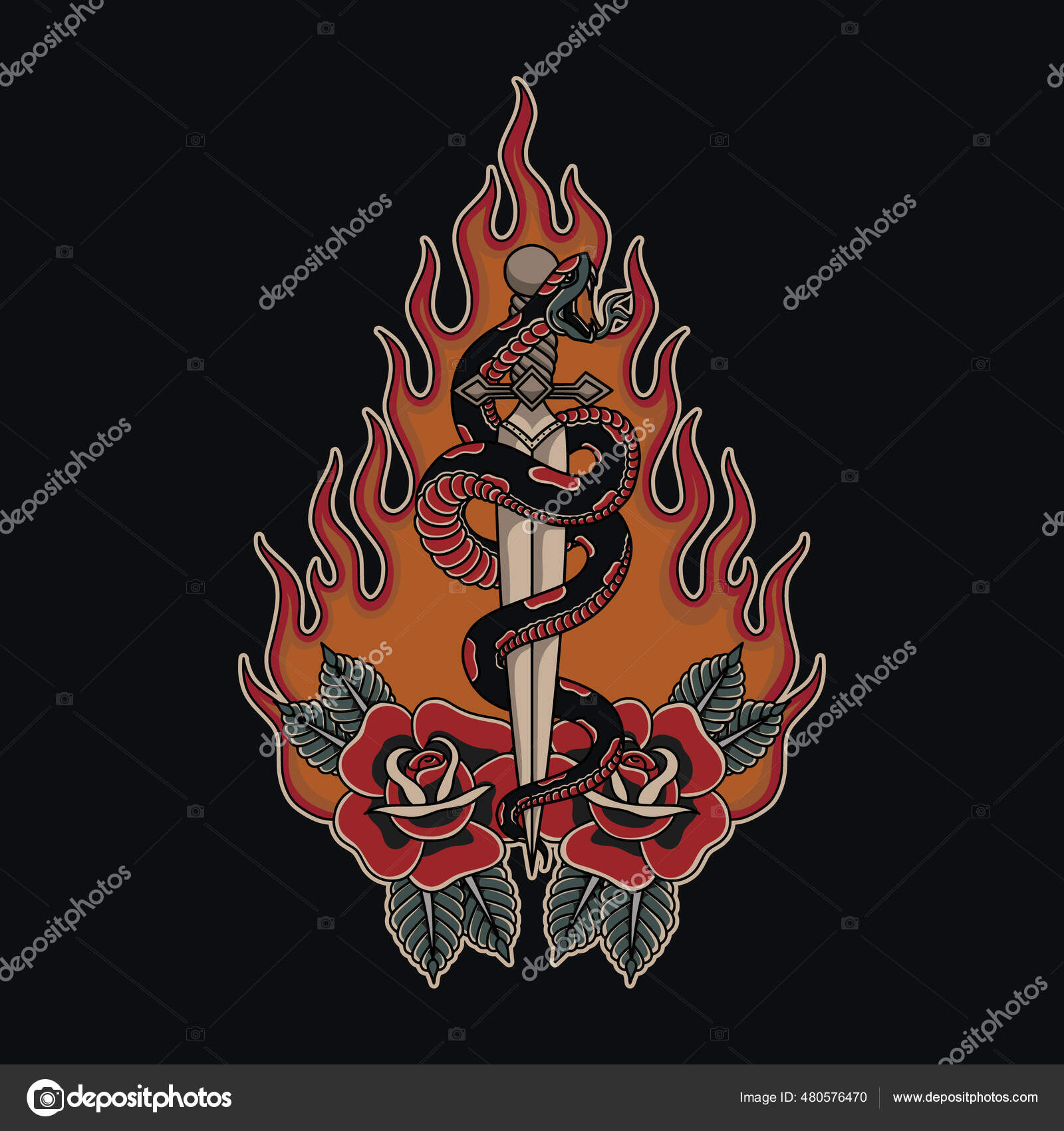 Dagger Serpente Rosas Estilo Tatuagem Tradicional Vetor de ©mejiku 480576470, image size:1600x1700