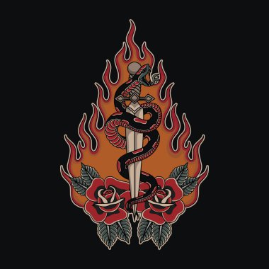 Hançer yılanı ve güller geleneksel dövme stili