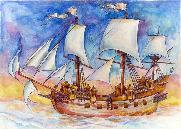 Spanish Galleon Crossing Ocean — Stockfoto
