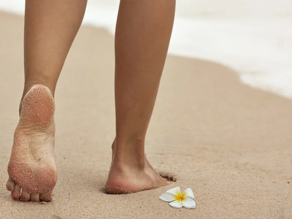 Woman's legs barefoot on sand — Stock Photo, Image