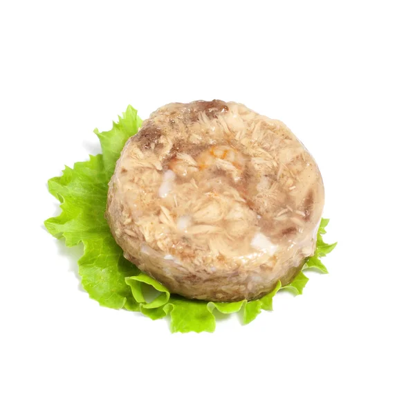Wet fish canned cat or dog food "tuna and shrimps" on a green leaf — Stock Photo, Image