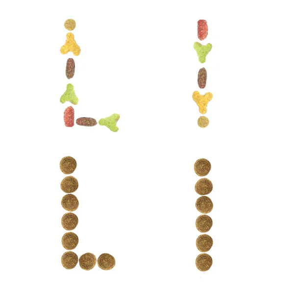 English alphabet ABC of dry cat and dog food, isolated on white — Stock Photo, Image