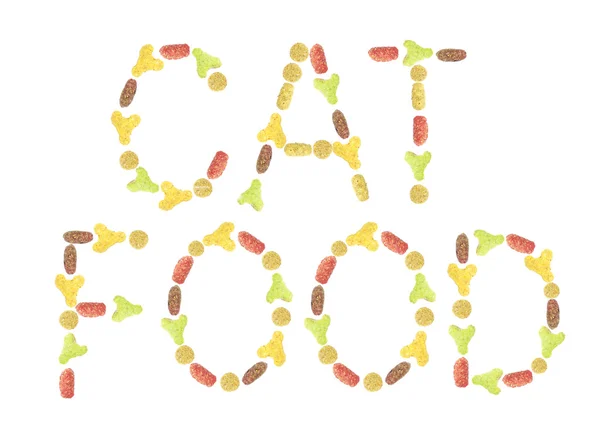 Πολύχρωμα επιγραφή γάτα από ξηρό τρόφιμο κατοικίδιων ζώων. — Φωτογραφία Αρχείου