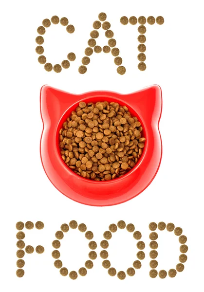 Brown dry cat or dog food in red bowl isolated on white background. — Stock Photo, Image