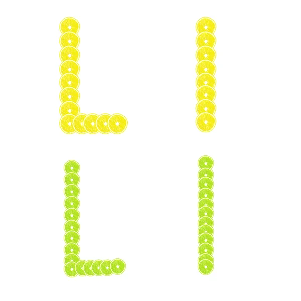 Litery ułożone plastry pomarańczy i grejpfruta stworzyć alfabet — Zdjęcie stockowe