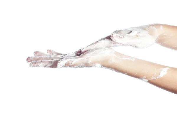 A mulher lava as mãos. mãos femininas retratadas em sabonetes. Isola Imagem De Stock