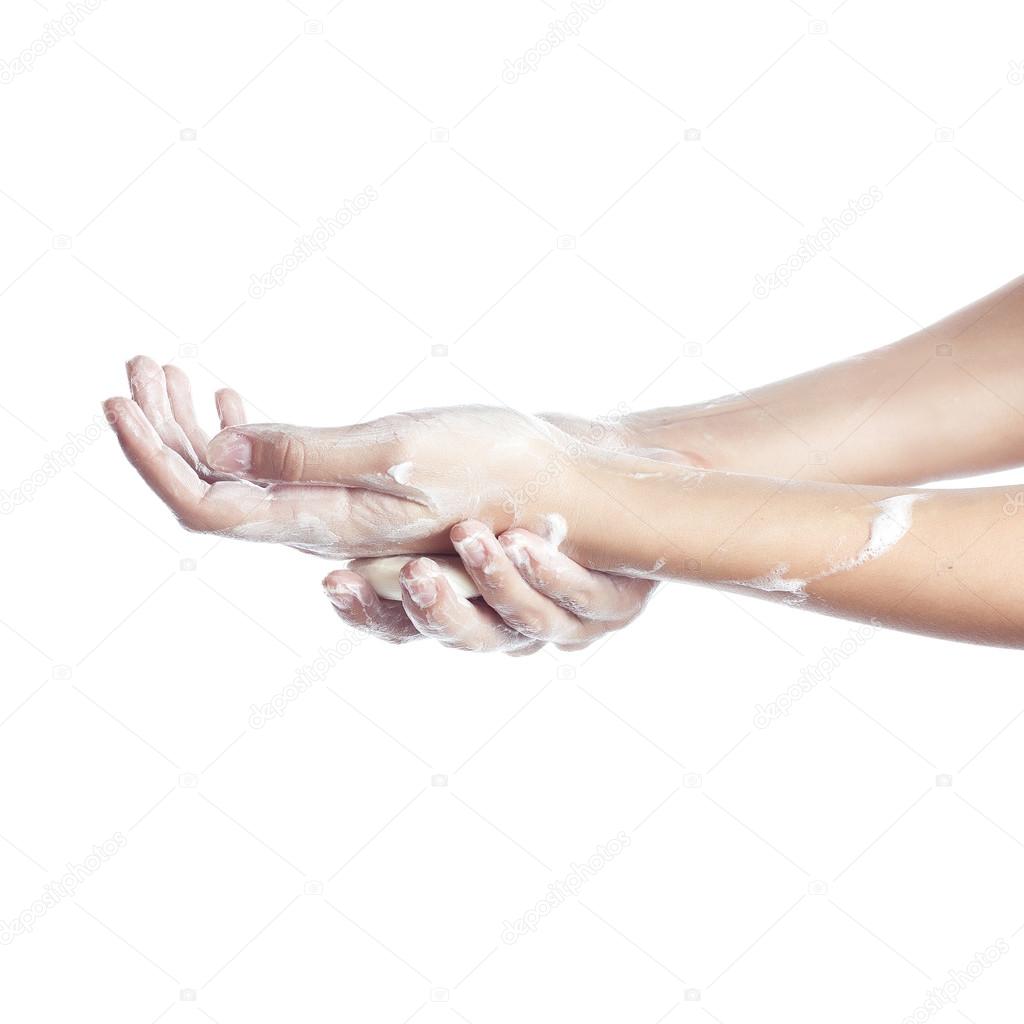 Woman washes her hands. pictured female hands in soapsuds. Isolated on white