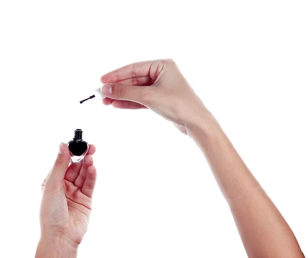 Black nail polish in female hands isolated on white background — Stock Photo, Image