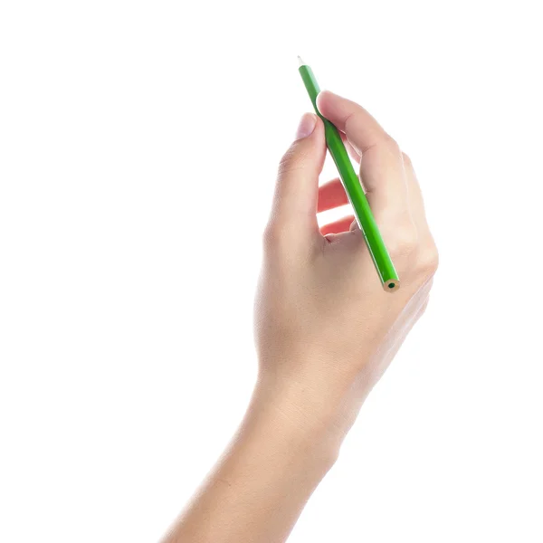 Colored pencils in a female hand on a white background . — Stock Photo, Image