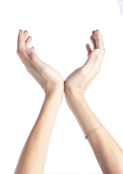 Mão feminina para criar uma colagem, isolada em branco — Fotografia de Stock