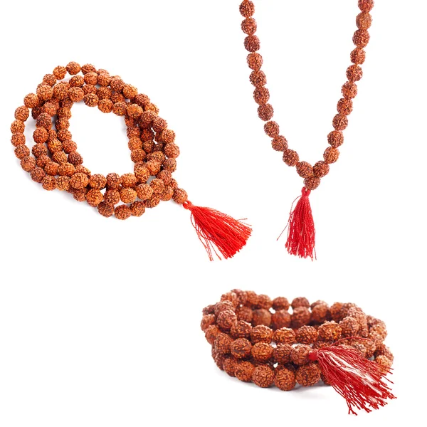 Rosário Rudraksha em uma mão feminina. Japa mala . Imagem De Stock