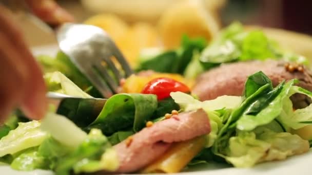 Salade gegeten door vrouw, steadycam schot — Stockvideo