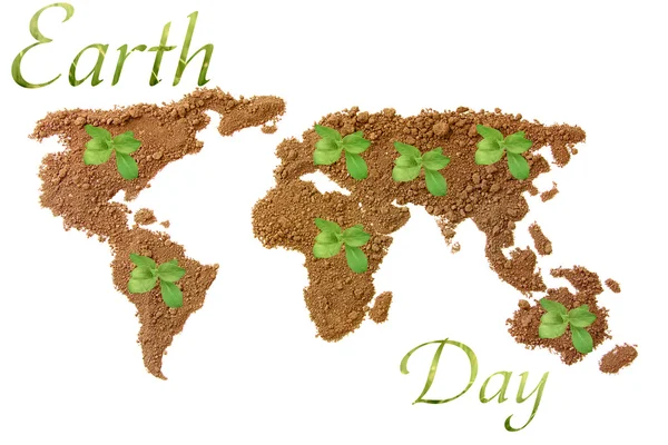 Earth Day. Concept ecology. World map, globe from the soil with green plants around the world isolated on white background — Stock Photo, Image