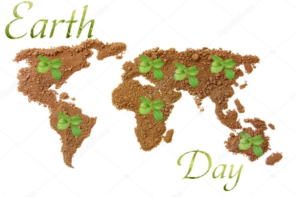 Earth Day. Concept ecology. World map, globe from the soil with green plants around the world isolated on white background