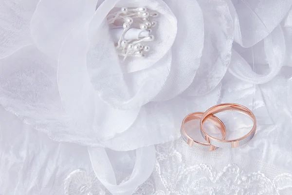 Anneaux de mariage sur carte de mariage, sur une robe de mariée blanche — Photo